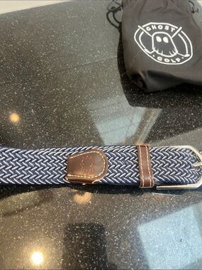Men’s Navy Ghost golf Woven Belt with Brown Leather Trim